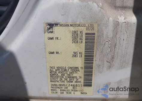 2020 Nissan Altima S Fwd из США, поврежденный, VIN 1N4BL4BV0LC246815